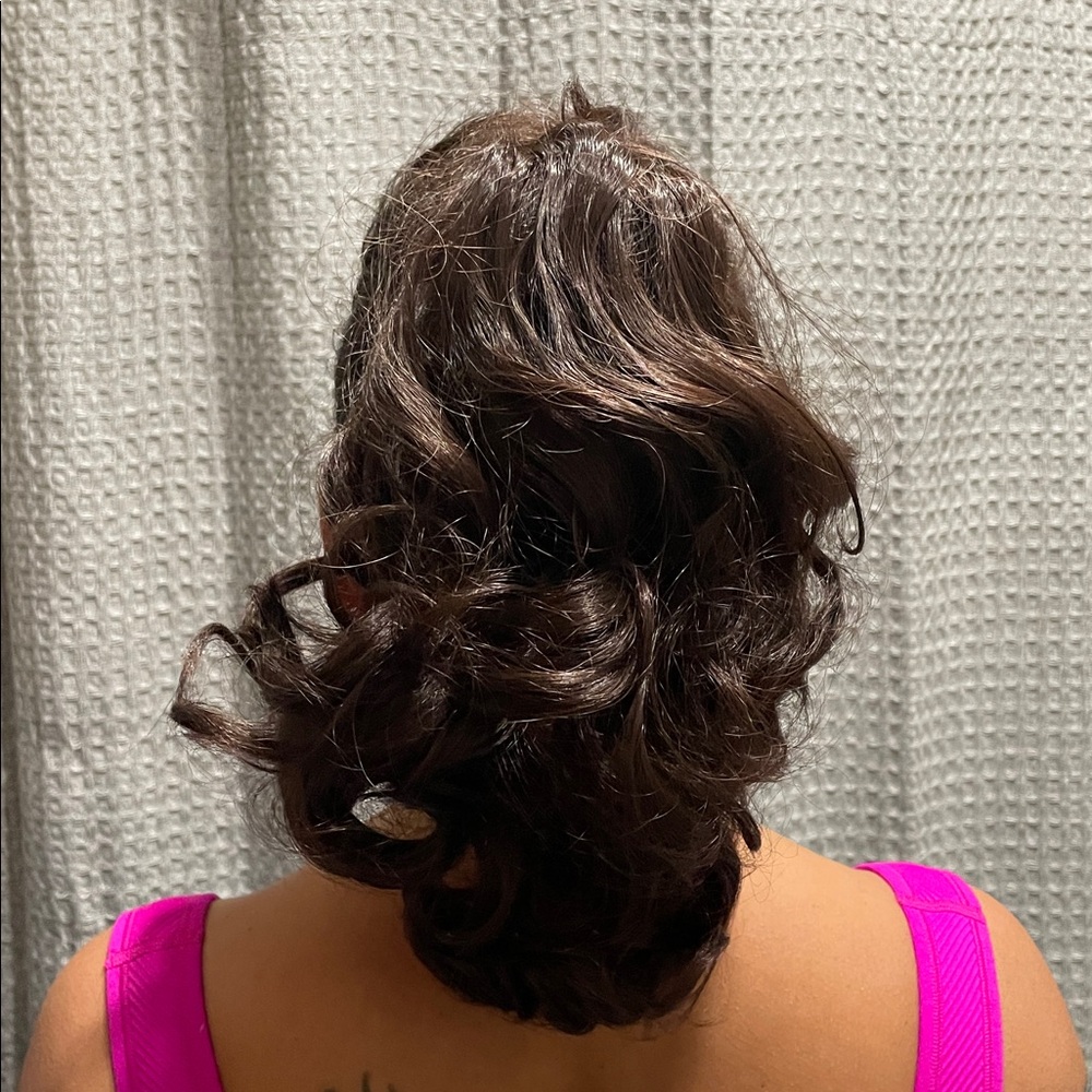 Dark Brown Hair Extension Claw Clip ponytail with Curls Clip and Go